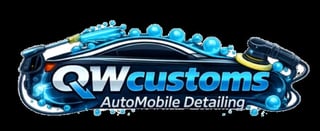 QW Customs AutoMobile Detailing logo with blue water bubbles and car wash elements